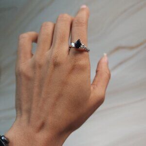 Natural Black Onyx & Lab Grown Diamond Pear Round ring .925 Sterling Silver